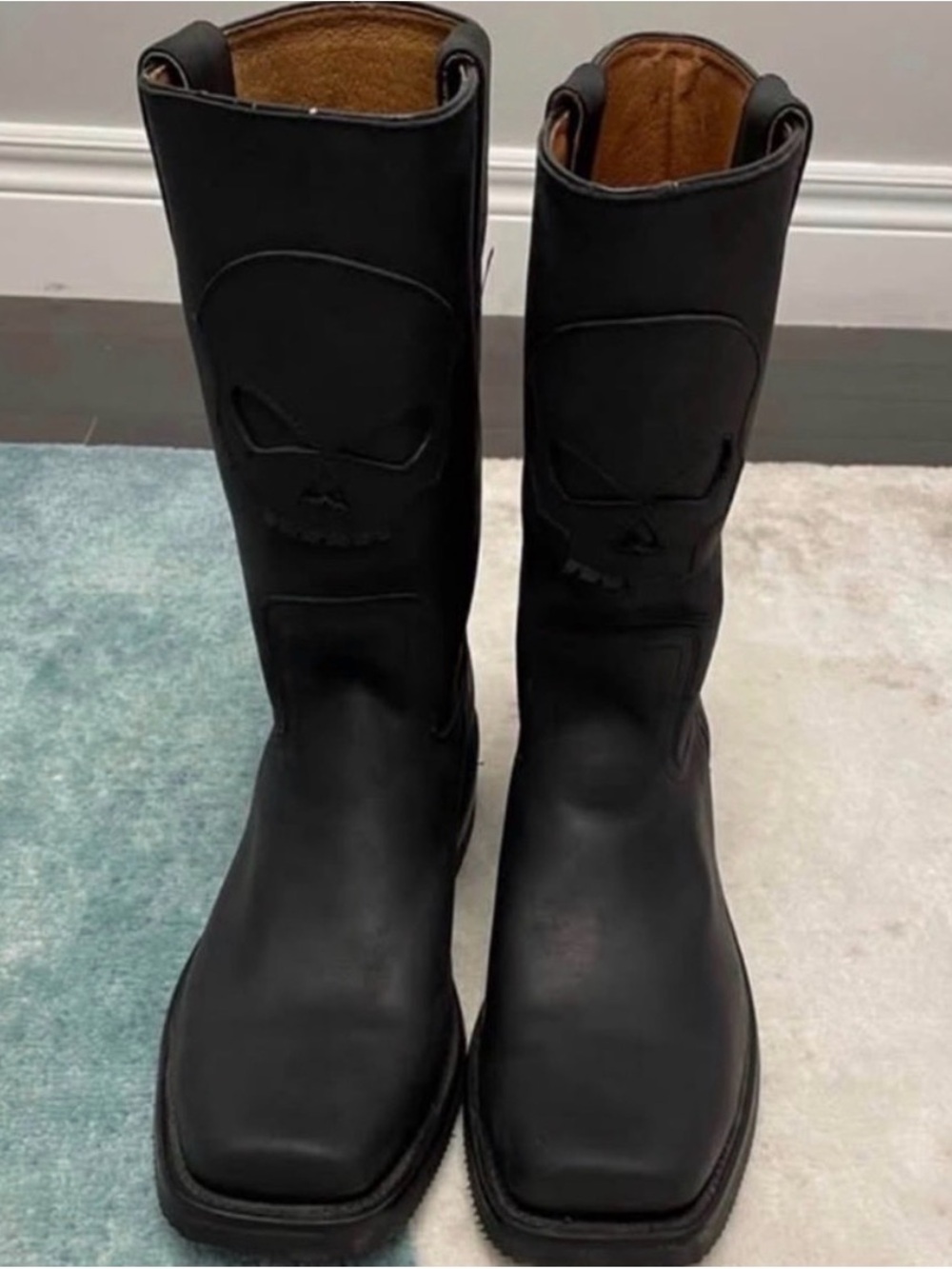 Men's Black Leather Tall Boots with Skull Accent